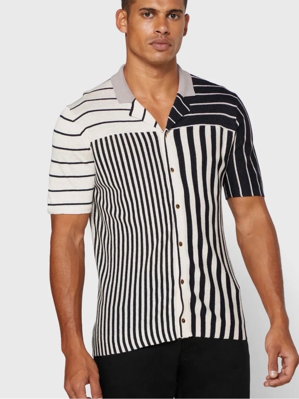 Reiss Orso Striped Color Block Linen Blend Shirt Black Cream S